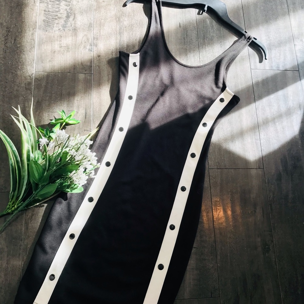 NWT H&M Black Mini Dress w/white strips and black buttons down each side